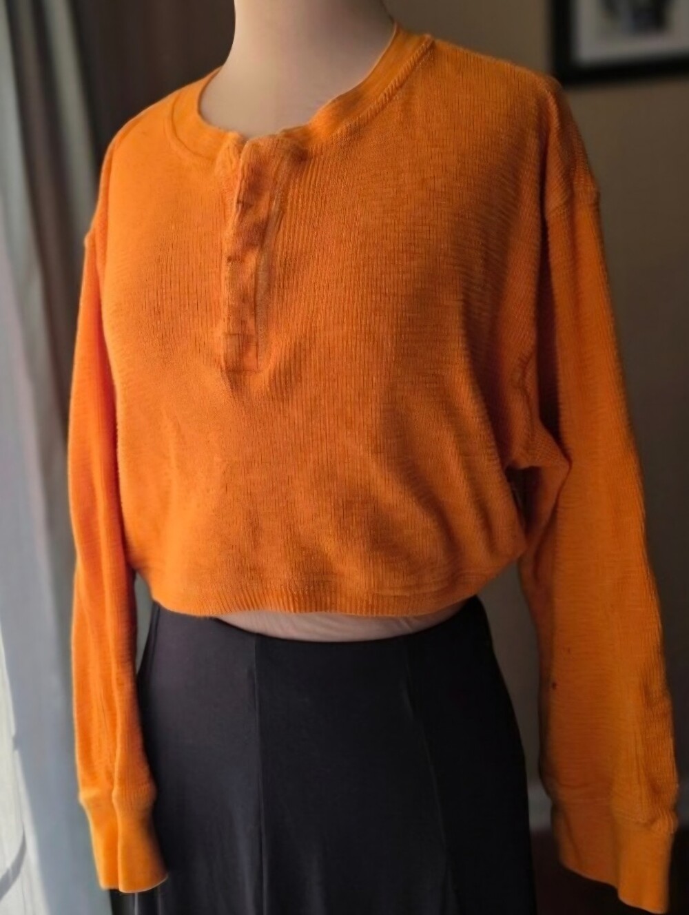 BDG‎ Cropped Thermal Henley Urban Outfitters Orange Waffle Knit Top Shirt Size M